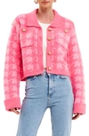English Factory Knitted Houndstooth Cardigan Sweater In Hot Pink
