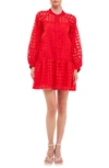 English Factory Check Organza Buttoned Long Sleeve Mini Dress In Red