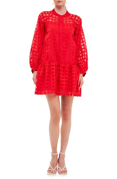 English Factory Check Organza Buttoned Long Sleeve Mini Dress In Red