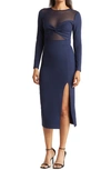 Love By Design Celia Illusion Mesh Ruched Midi Dress In Navy Blazer
