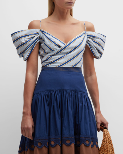 Silvia Tcherassi Khandi Off-shoulder Striped Top In Camel Navy Stripe