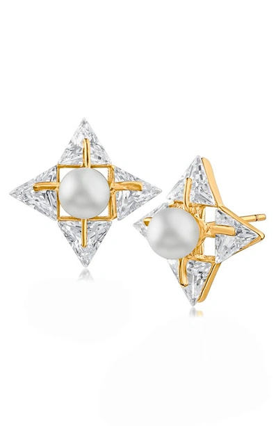 Cz By Kenneth Jay Lane Cz & Faux Pearl Star Stud Earrings In White/ Clear/ Gold