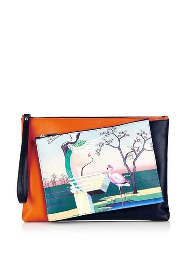 Mary Katrantzou Flamingo-print Detachable Leather Clutch In Orange