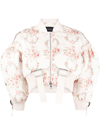 Simone Rocha Puff-sleeve Floral Taffeta Cropped Bomber Jacket In White