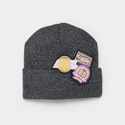 Mitchell And Ness Mitchell & Ness Los Angeles Lakers Nba Patch Knit Beanie Hat In Grey/yellow