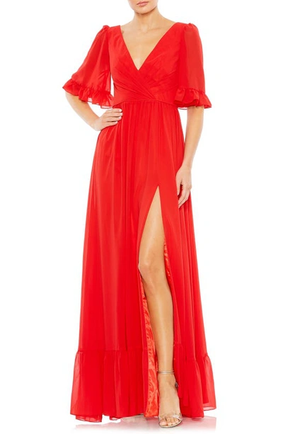 Ieena For Mac Duggal Faux Wrap Ruffle Trim A Line Gown In Red
