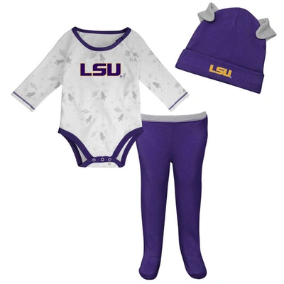 Outerstuff Babies' Newborn & Infant Purple/white Lsu Tigers Dream Team Raglan Long Sleeve Bodysuit Hat & Pants Set