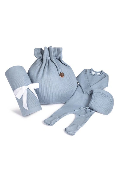 Feltman Brothers Babies' Ribbed Knit Footie, Bonnet, Blanket & Gift Bag Set In Vintage Blue
