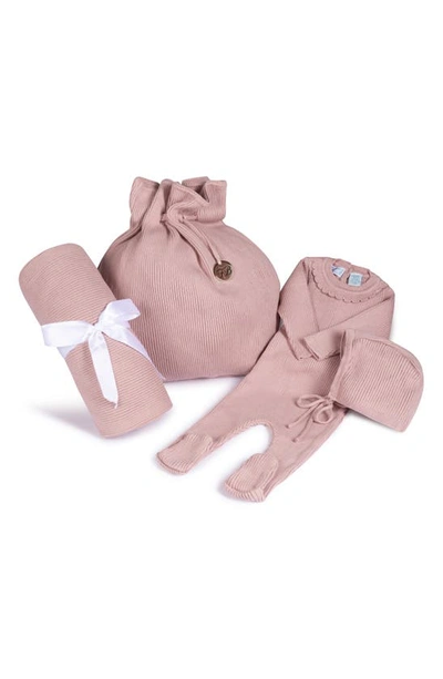 Feltman Brothers Babies' Ribbed Knit Footie, Bonnet, Blanket & Gift Bag Set In Mauve
