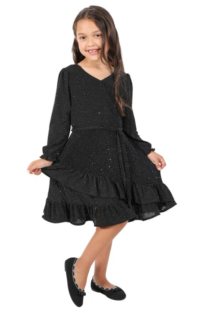Little Angels Kids' Sparkle Faux Wrap Long Sleeve Dress In Black