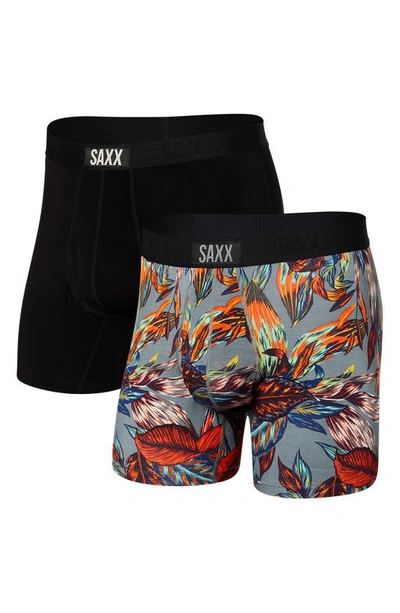 Saxx Ultra Super Soft 2-pack Relaxed Fit Boxer Briefs In Exotic Leaves/ Black