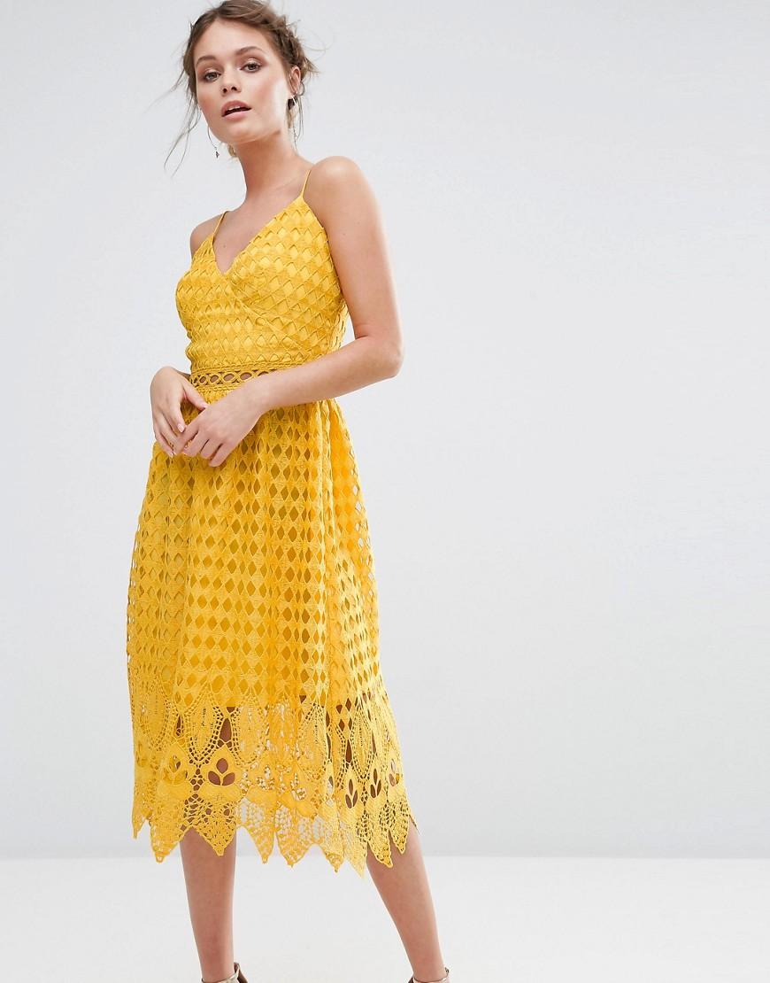 True Decadence Lace Midi Dress With Cutwork Hem - Yellow | ModeSens