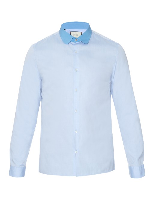 Gucci Contrast-Collar Cotton Shirt In Light-Blue | ModeSens