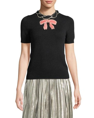 Gucci Short-sleeve Cashmere-silk Bow Top In Black