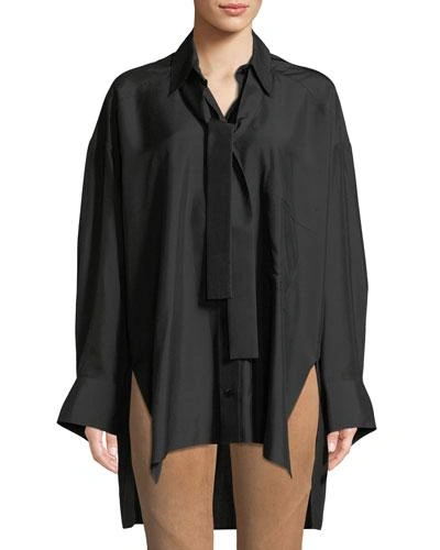 Valentino Long-sleeve Silk Tie-neck Blouse In Black