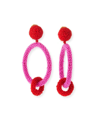 Oscar De La Renta Two-tone Beaded Hoop Clip-on Earrings In Red