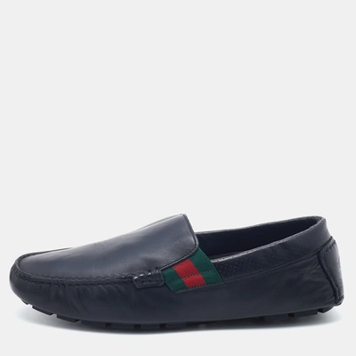 Pre-owned Gucci Black Leather Web Slip On Loafers Size 41.5