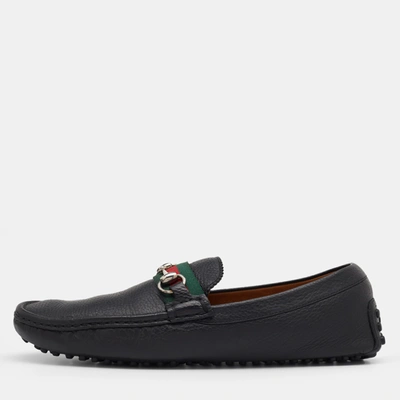 Pre-owned Gucci Black Leather Web Horsebit Slip On Loafers Size 43