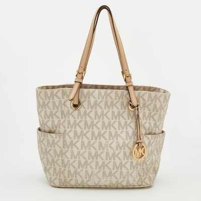 Pre-owned Michael Michael Kors Off White/beige Signature Coated Canvas ...