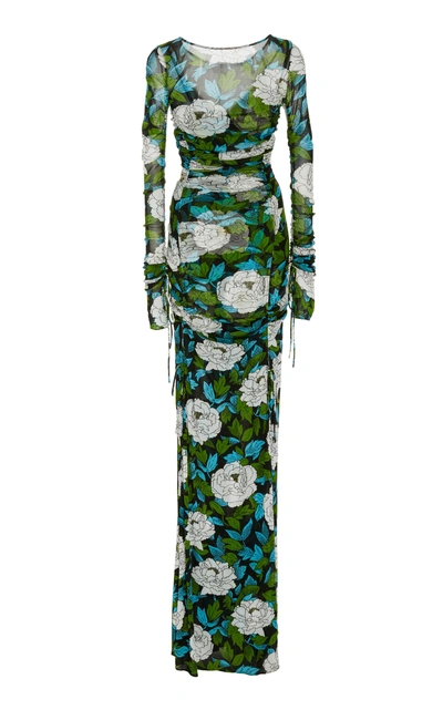 Diane Von Furstenberg Ruched Mesh Gown In Floral