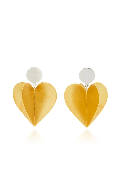 Silhouette Silver And Rhodium-plated Enamel Double Heart Earrings In Gold