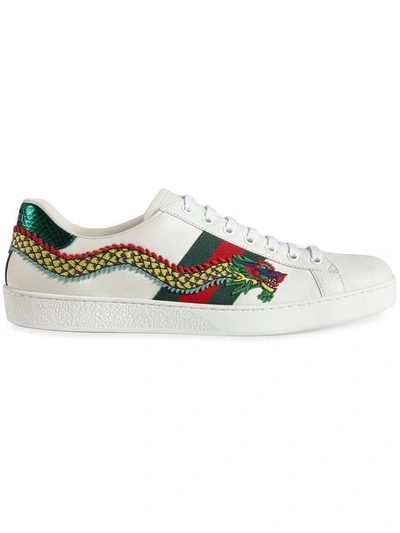 Gucci Ace Watersnake-trimmed Embellished Leather Sneakers In White