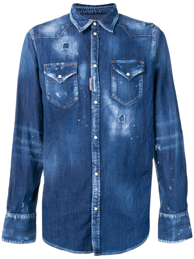 Dsquared2 Studded Distressed Western Shirt In Blue