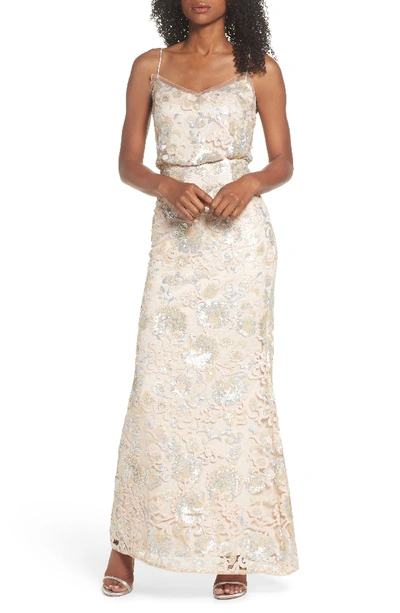 Adrianna Papell Sequin Embellished Blouson Gown In Almond