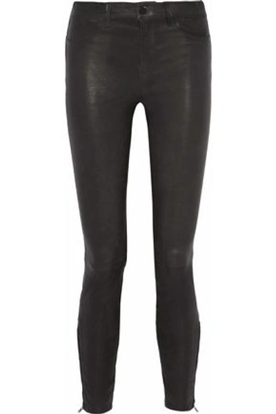 J Brand Leather Skinny Pants In Charcoal