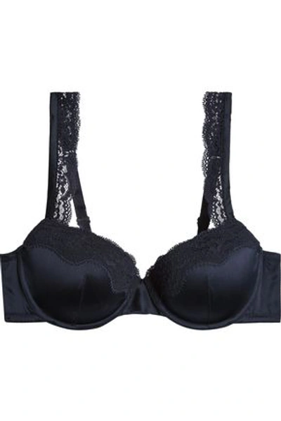 Stella Mccartney Clara Paneled Lace And Silk-blend Satin Contour Bra In Midnight Blue