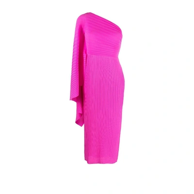 Solace London Pink Ribbed Off-the-shoulder Midi Dress In Fuchsia