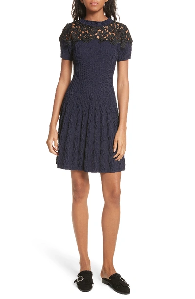 The Kooples Floral Lace-panel Knitted Dress In Nav03