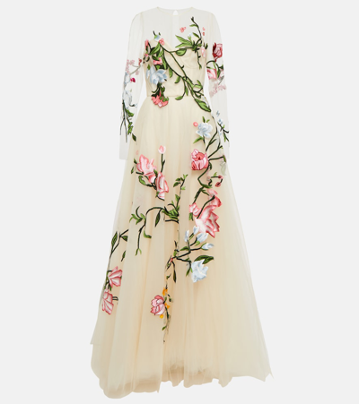 Monique Lhuillier Corset Gown W/ Embroidered Floral Detail In Cameo/multi