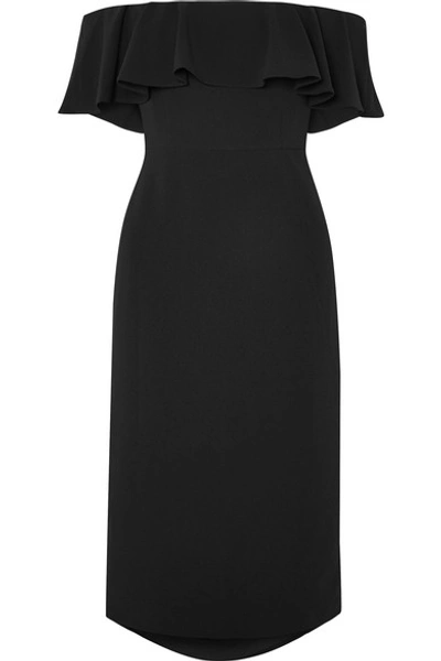 Halston Heritage Ruffled Off-the-shoulder Stretch-crepe Midi Dress In Black