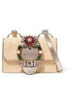 Miu Miu Miu Lady Embellished Raffia And Textured-leather Shoulder Bag In Gold