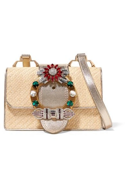 Miu Miu Miu Lady Embellished Raffia And Textured-leather Shoulder Bag In Gold