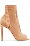 Gianvito Rossi Vires 105 Peep-toe Perforated Stretch-knit Ankle Boots In Sand