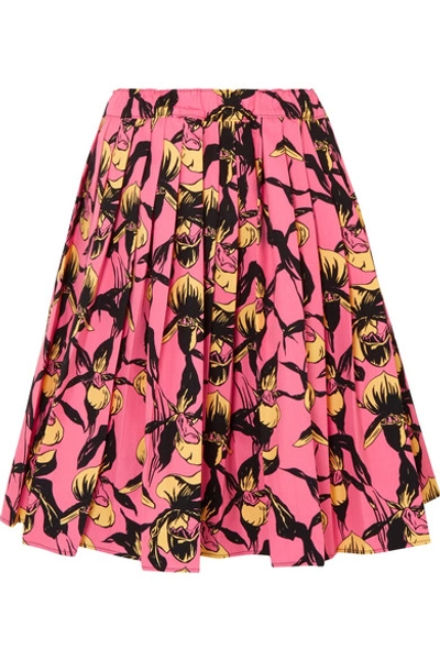 Prada Pleated Floral-print Cotton-canvas Skirt In Fpink