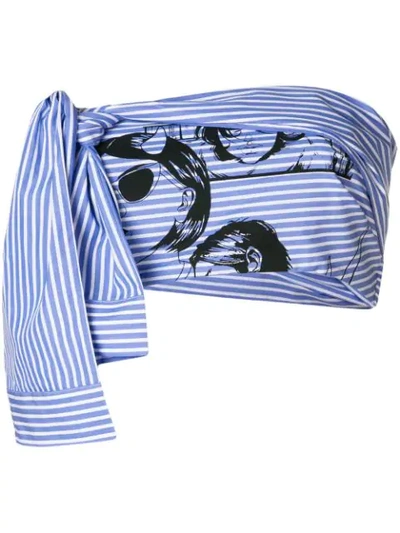 Prada Printed Striped Cotton-poplin Bandeau Top In Blue-white Stripe