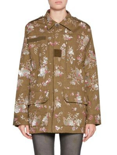 Saint Laurent Floral-embellished Canvas Safari Jacket In Military
