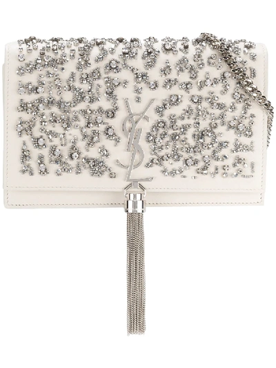 Saint Laurent Kate Crystal Beaded Leather Crossbody Clutch In White