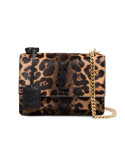 Saint Laurent Sunset Small Leather-trimmed Leopard-print Calf Hair Shoulder Bag In Brown