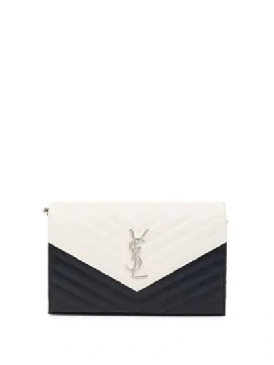 Saint Laurent Bi-color Leather Wallet On A Chain In Pearl White