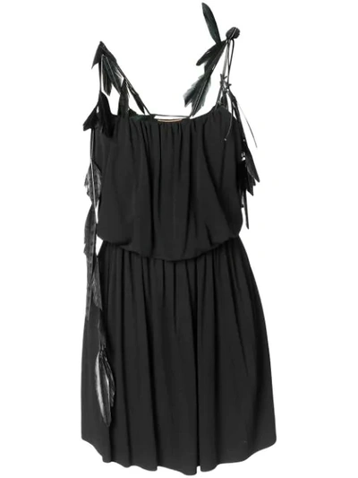 Saint Laurent Feather Trim Strappy Dress In Black