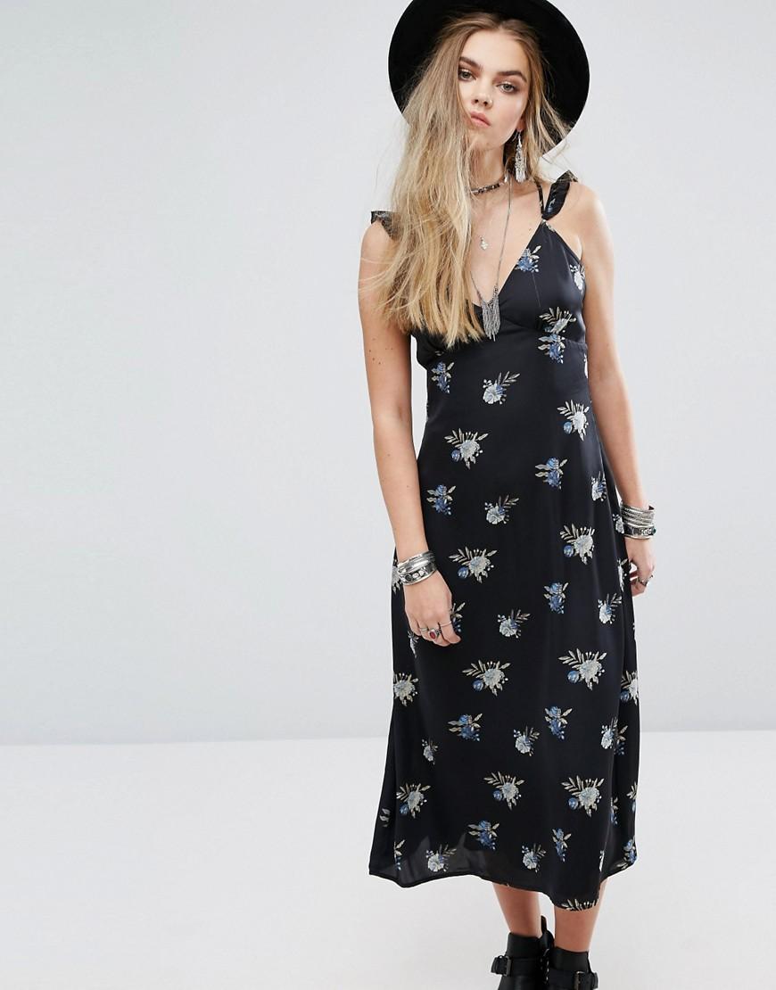 Honey Punch Midi Slip Dress With Harness Ruffle Straps In Dark Floral ...