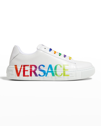 Versace Kid's Greca Logo Leather Low-top Sneakers, Kids In Bianco