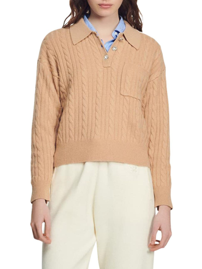Sandro Cropped Cable-knit Jumper In Camel