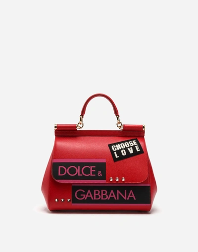 Dolce & Gabbana Sicily Medium Red Leather Hand Bag With Patches