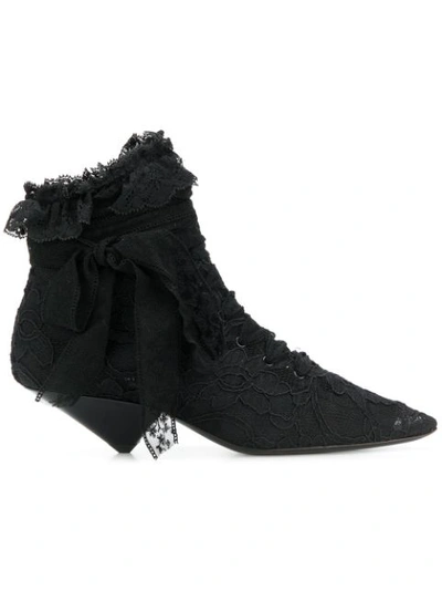Saint Laurent Blaze Point-toe Ruffle-trimmed Boots In Black