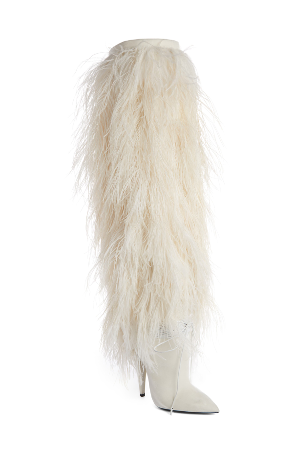 Saint Laurent Yeti Over-the-knee Boot With Feathers In White | ModeSens